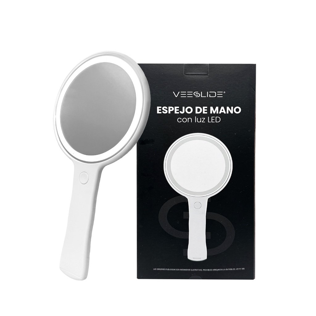 Espejo de mano con aro de luz LED, batería litio y USB-C. VEESLIDE